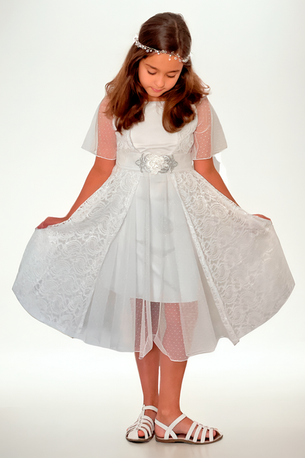 Vestido Niña Gala Blanco Flor Plata