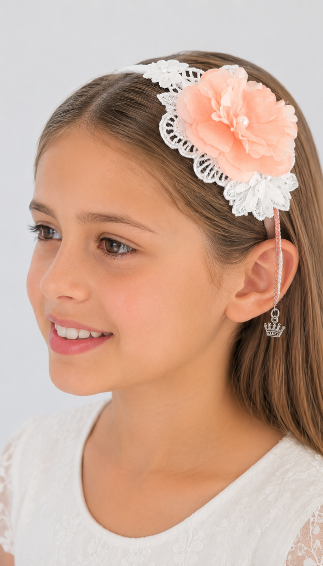 Cintillo de Flores y charms para Niña (Flor rosa grande)