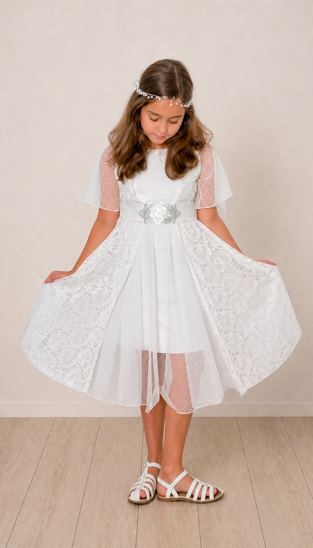 Vestido Grace Gala Blanco Flor Plata (68 cm contorno)