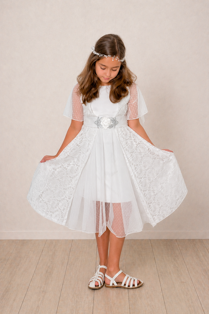 Vestido Grace Gala Blanco Flor Plata (68 cm contorno)