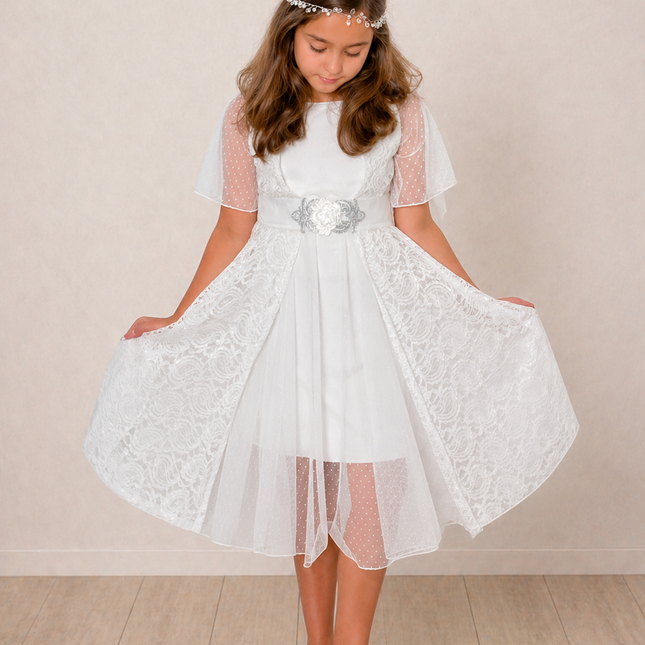 Vestido Grace Gala Blanco Flor Plata (68 cm contorno)