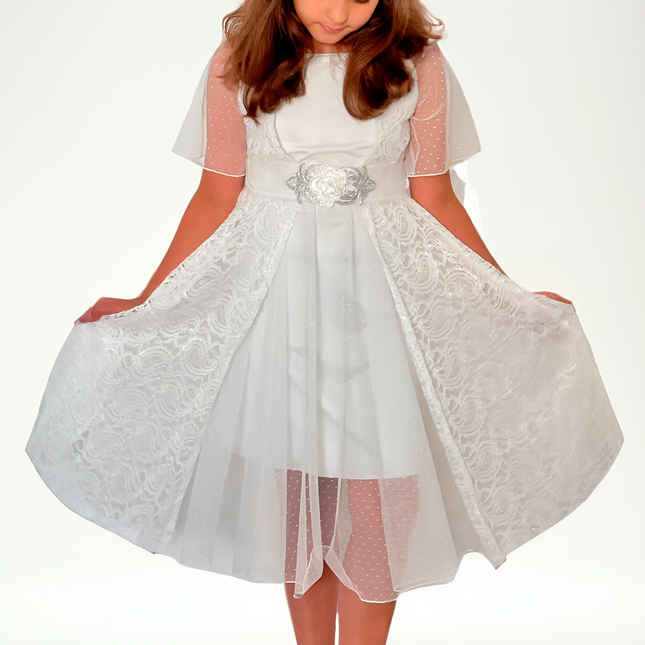 Vestido Niña Gala Blanco Flor Plata